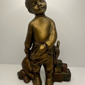 Vintage Style BRONZE CLAD Ceramic Boy With Holster-Holding Pants-FIGURINE STATUE